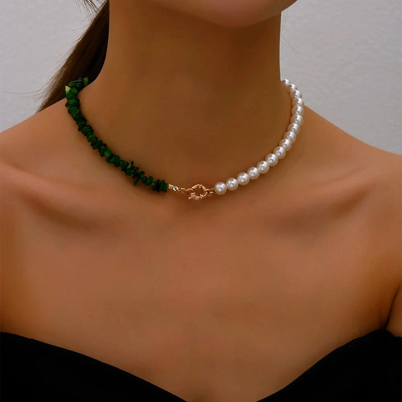 2023 Trend Elegant Jewelry Wedding Big Pearl Necklace For Women Fashion Imitation Pearl Green Rose Color Stone Choker Necklace - aquila Bask