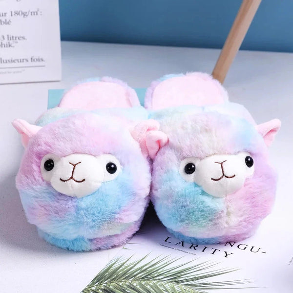 Cute Cartoon Alpaca House Women Fur Slippers Winter Warm Plush Parent-Child Floor Slides Indoor Bedroom Girls Fluffy Slippes - aquila Bask