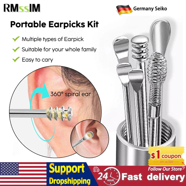 Ear Cleaner Set Earpick Ear Wax Remover Ear Spoon Curette Ear Cleaning Spiral Earpick Easy Earwax Removal Ear Cleaner Kit Gadget - aquila Bask