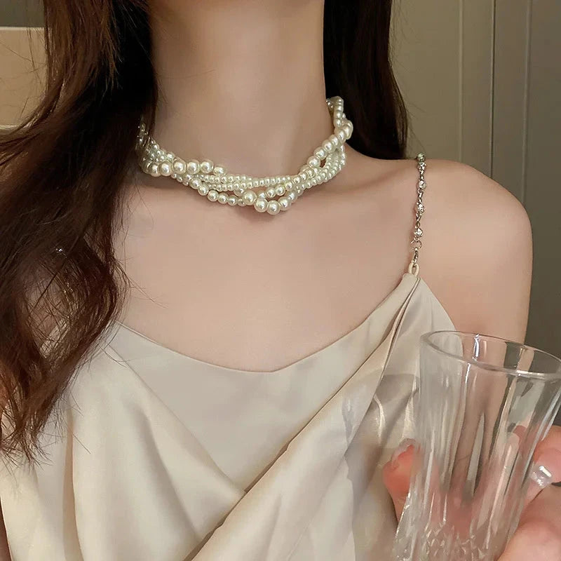 FYUAN Korean Style Twining Pearl Choker Necklaces for Women Geometric Necklaces Weddings Bride Jewelry Accessories - aquila Bask