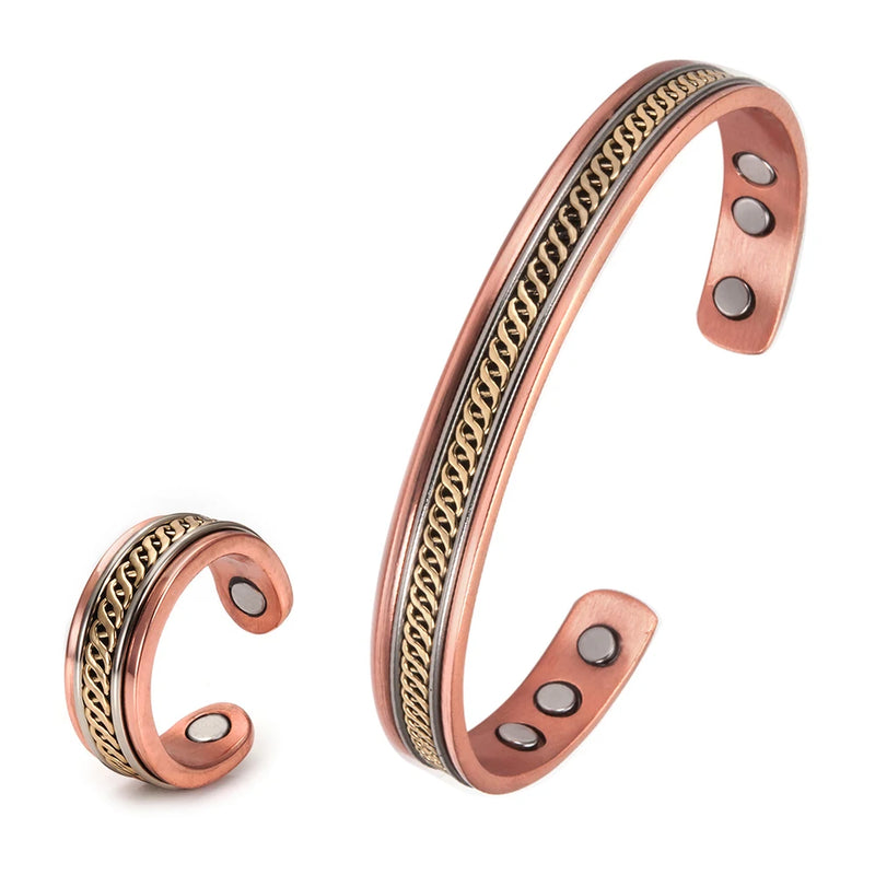 Pure Copper Jewelry-Set for Women Twisted Open Cuff Adjustable Copper Magnetic Bracelet Earrings Arthritis Magnetic Therapy Ring