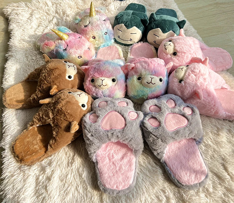 Cute Cartoon Alpaca House Women Fur Slippers Winter Warm Plush Parent-Child Floor Slides Indoor Bedroom Girls Fluffy Slippes