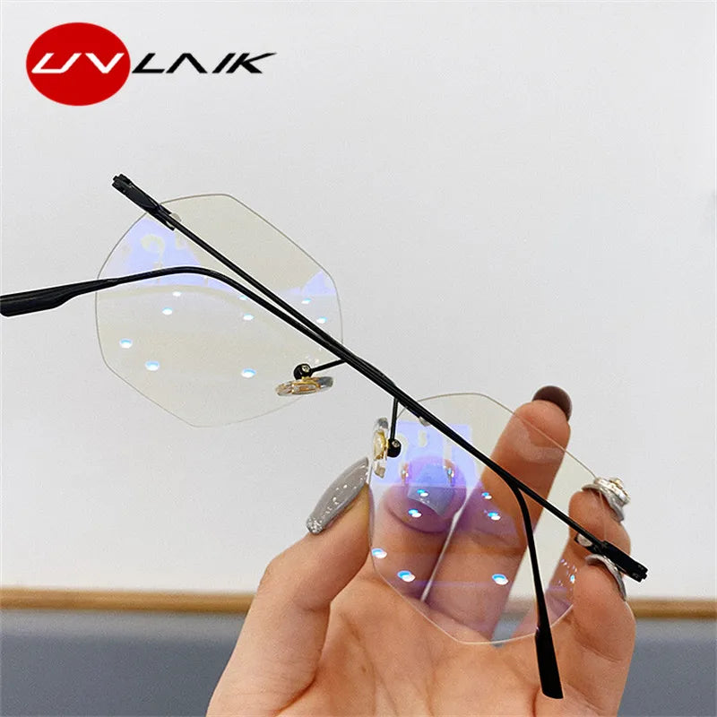 UVLAIK Blue Llight Blocking Rimless Glasses Frame Women Spectacle Myopia Transparent Glasses Men EyeGlasses optical Frames