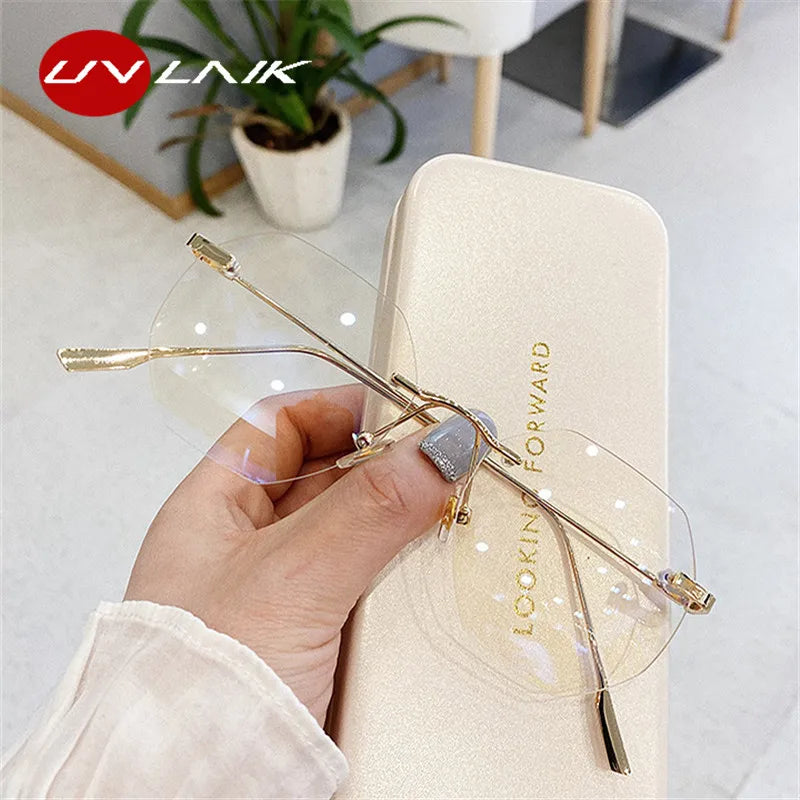 UVLAIK Blue Llight Blocking Rimless Glasses Frame Women Spectacle Myopia Transparent Glasses Men EyeGlasses optical Frames