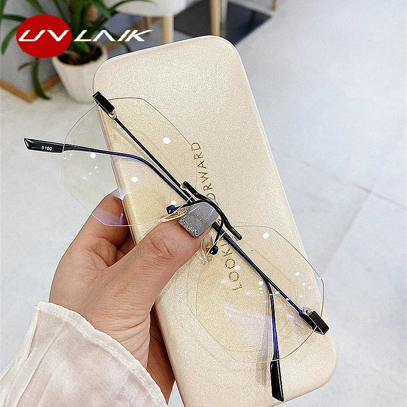 UVLAIK Blue Llight Blocking Rimless Glasses Frame Women Spectacle Myopia Transparent Glasses Men EyeGlasses optical Frames