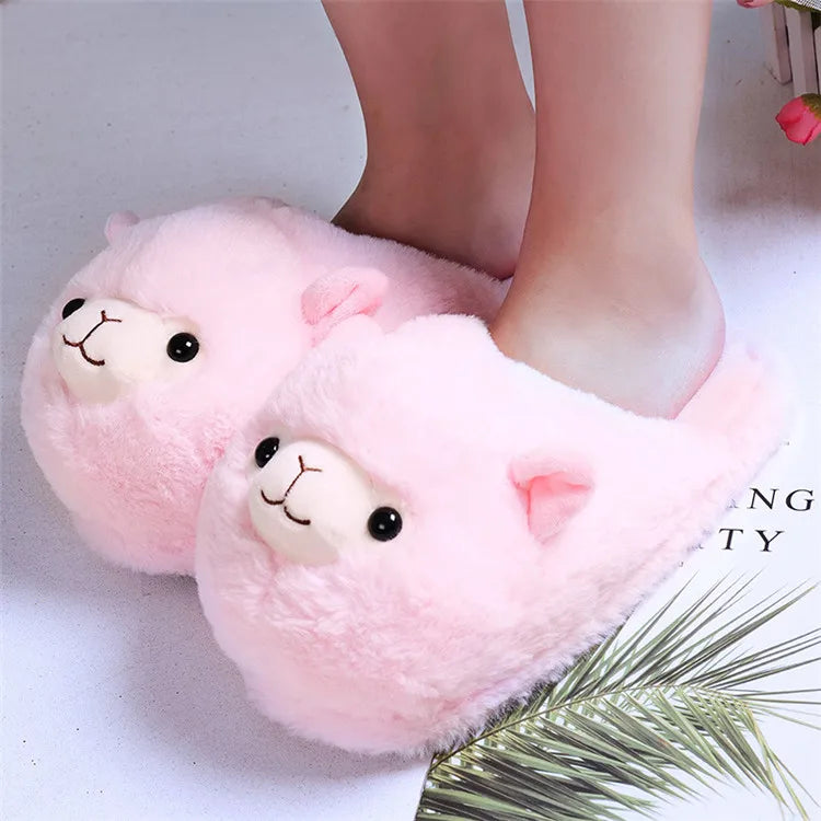 Cute Cartoon Alpaca House Women Fur Slippers Winter Warm Plush Parent-Child Floor Slides Indoor Bedroom Girls Fluffy Slippes