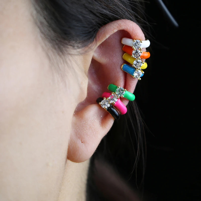 No Piercing Fashion Women Girl Jewelry Candy Rainbow Enamel Single White CZ Clip On Earring Ear Cuff