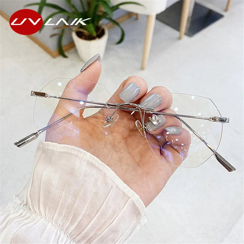 UVLAIK Blue Llight Blocking Rimless Glasses Frame Women Spectacle Myopia Transparent Glasses Men EyeGlasses optical Frames