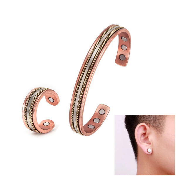 Pure Copper Jewelry-Set for Women Twisted Open Cuff Adjustable Copper Magnetic Bracelet Earrings Arthritis Magnetic Therapy Ring