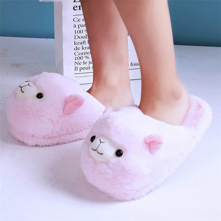 Cute Cartoon Alpaca House Women Fur Slippers Winter Warm Plush Parent-Child Floor Slides Indoor Bedroom Girls Fluffy Slippes