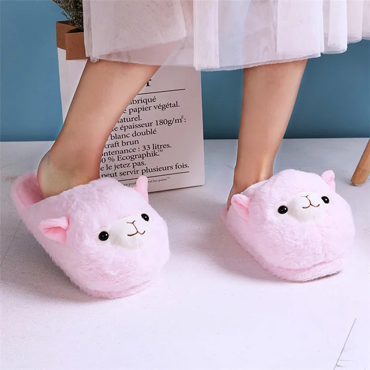 Cute Cartoon Alpaca House Women Fur Slippers Winter Warm Plush Parent-Child Floor Slides Indoor Bedroom Girls Fluffy Slippes