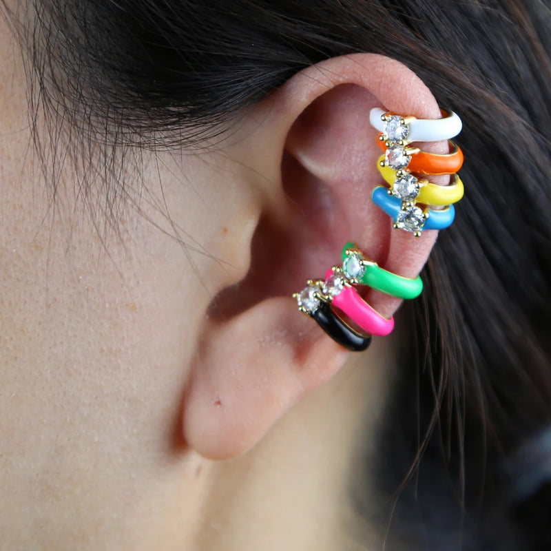 No Piercing Fashion Women Girl Jewelry Candy Rainbow Enamel Single White CZ Clip On Earring Ear Cuff