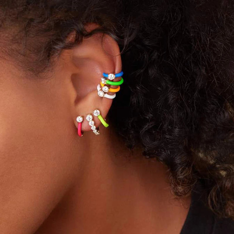 No Piercing Fashion Women Girl Jewelry Candy Rainbow Enamel Single White CZ Clip On Earring Ear Cuff