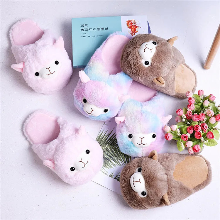 Cute Cartoon Alpaca House Women Fur Slippers Winter Warm Plush Parent-Child Floor Slides Indoor Bedroom Girls Fluffy Slippes