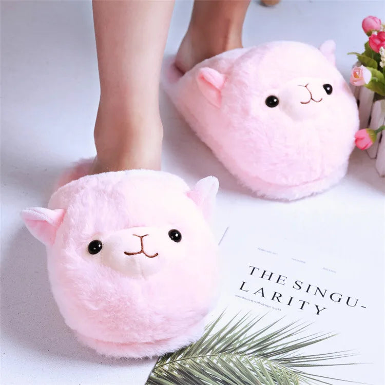 Cute Cartoon Alpaca House Women Fur Slippers Winter Warm Plush Parent-Child Floor Slides Indoor Bedroom Girls Fluffy Slippes