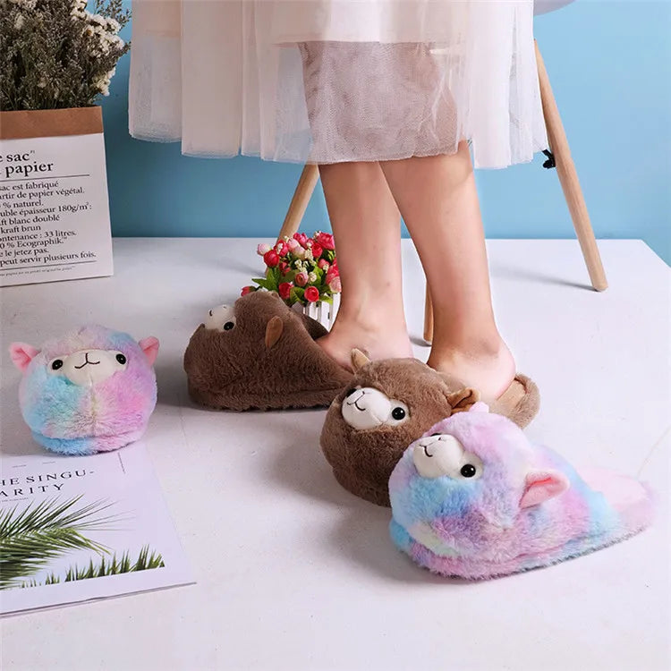 Cute Cartoon Alpaca House Women Fur Slippers Winter Warm Plush Parent-Child Floor Slides Indoor Bedroom Girls Fluffy Slippes