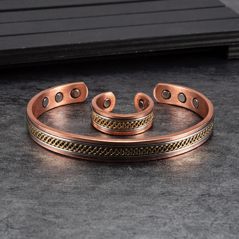 Pure Copper Jewelry-Set for Women Twisted Open Cuff Adjustable Copper Magnetic Bracelet Earrings Arthritis Magnetic Therapy Ring