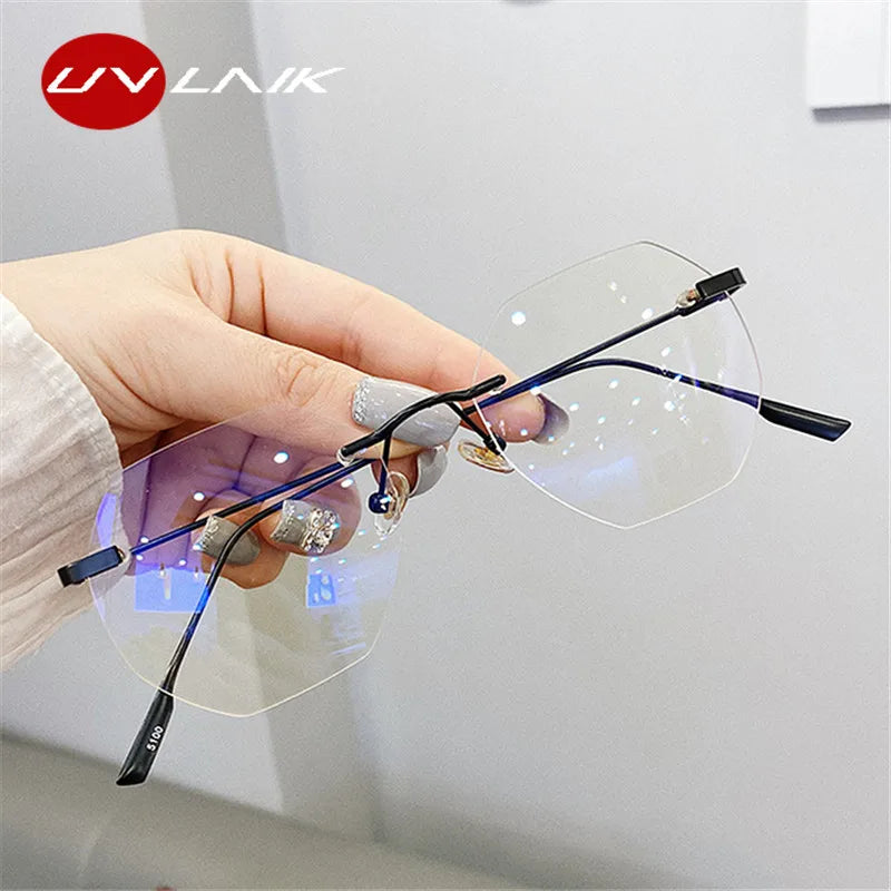 UVLAIK Blue Llight Blocking Rimless Glasses Frame Women Spectacle Myopia Transparent Glasses Men EyeGlasses optical Frames