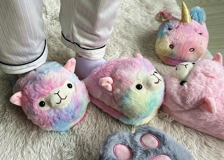 Cute Cartoon Alpaca House Women Fur Slippers Winter Warm Plush Parent-Child Floor Slides Indoor Bedroom Girls Fluffy Slippes