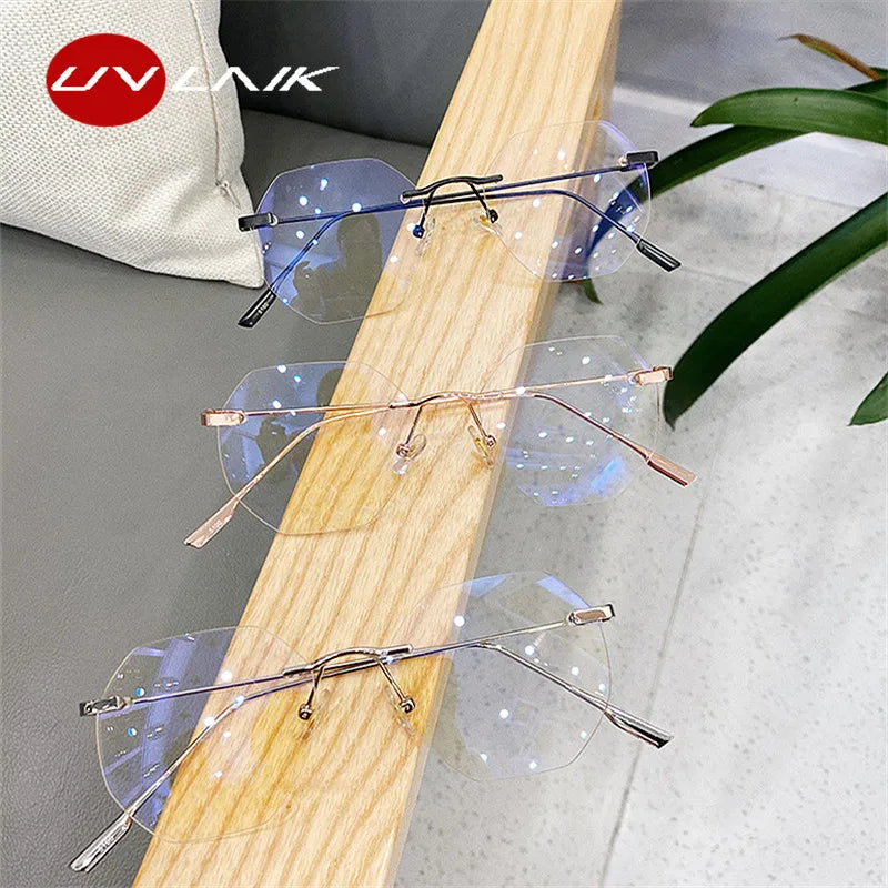 UVLAIK Blue Llight Blocking Rimless Glasses Frame Women Spectacle Myopia Transparent Glasses Men EyeGlasses optical Frames