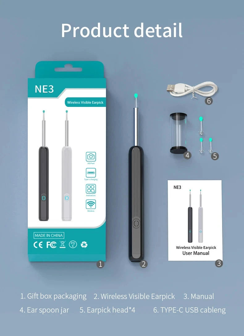 NATFIRE NE3 Ear Cleaner High Precision Ear Wax Removal Tool with Camera LED Light Wireless Otoscope Smart Ear Cleaning Kit aquila Bask