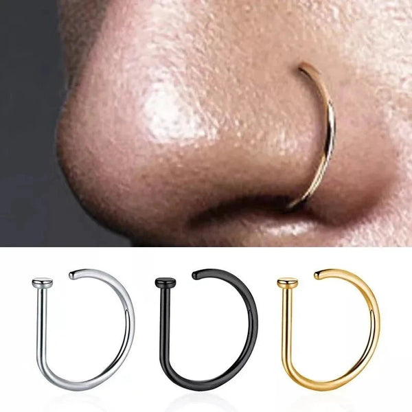 New Curved Barbells Fake Nose Piercing D Shaped Tragus Helix Stud Earring Hoop Septum Stainless Steel Ring Nostril Body Jewelry - aquila Bask