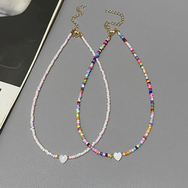 New Nature Shell Love Heart Choker Necklace for Girl Spring Summer Fashion Small Colorful Glass Beads Necklace Gift for Friend - aquila Bask