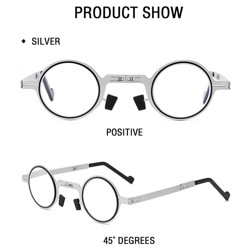 Portable Folding Reading Glasses Men Metal Round Square Anti Blue Light Eyewear Presbyopia Eyeglasses Frame Diopter +1.0 to +4.0 - aquila Bask