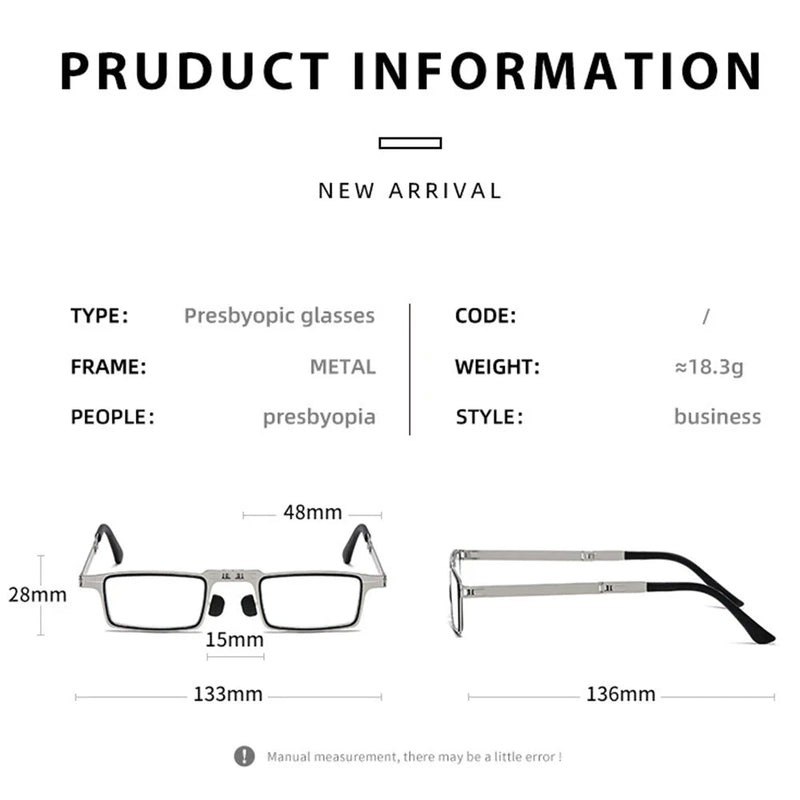 Portable Folding Reading Glasses Men Metal Round Square Anti Blue Light Eyewear Presbyopia Eyeglasses Frame Diopter +1.0 to +4.0 - aquila Bask