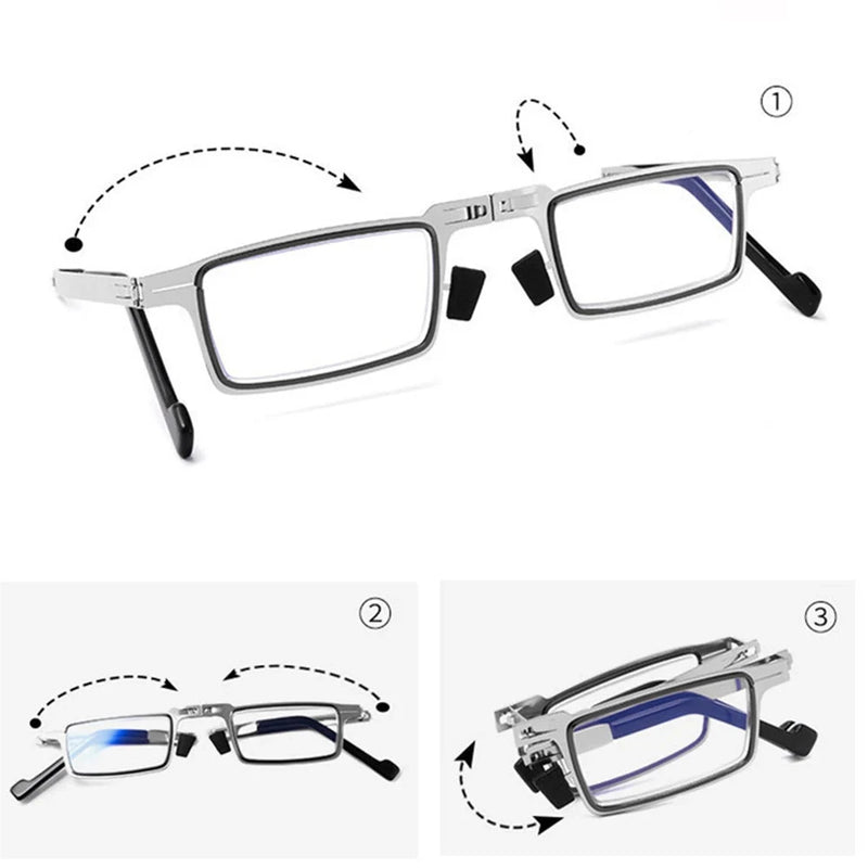 Portable Folding Reading Glasses Men Metal Round Square Anti Blue Light Eyewear Presbyopia Eyeglasses Frame Diopter +1.0 to +4.0 - aquila Bask