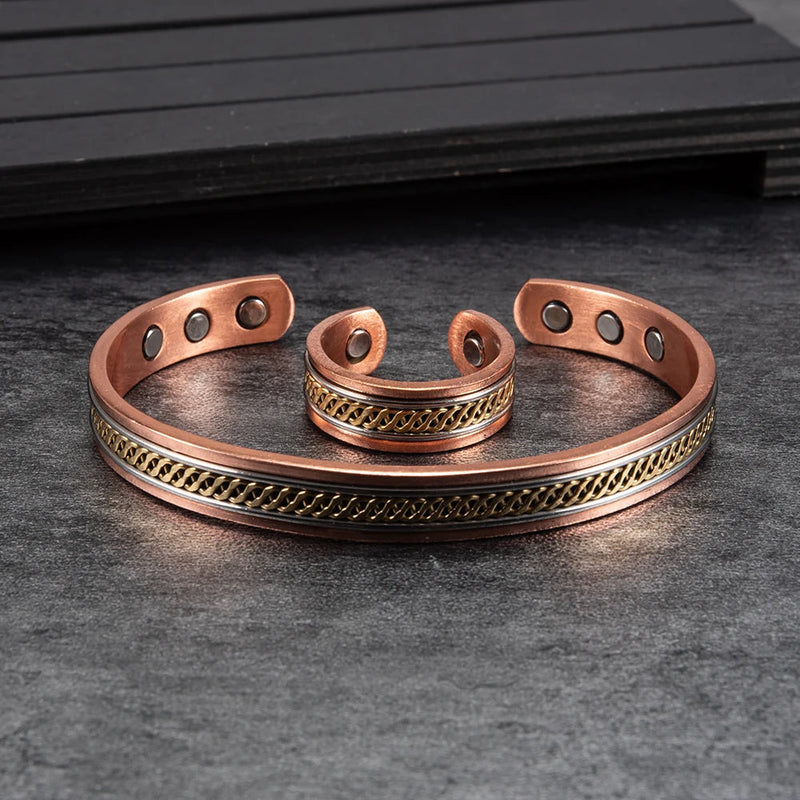 Pure Copper Jewelry-Set for Women Twisted Open Cuff Adjustable Copper Magnetic Bracelet Earrings Arthritis Magnetic Therapy Ring - aquila Bask