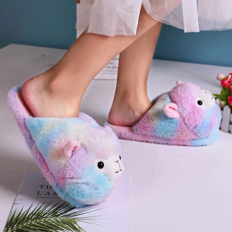 Cute Cartoon Alpaca House Women Fur Slippers Winter Warm Plush Parent-Child Floor Slides Indoor Bedroom Girls Fluffy Slippes