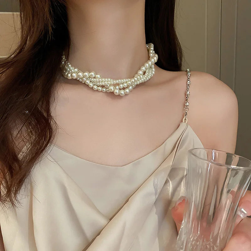 FYUAN Korean Style Twining Pearl Choker Necklaces for Women Geometric Necklaces Weddings Bride Jewelry Accessories