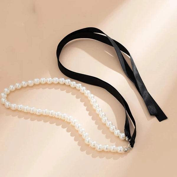 Trend Wedding Party Jewelry Long Black Ribbon Choker Necklace For Women Elegant White Imitation Pearl Beach Vacation Necklaces - aquila Bask